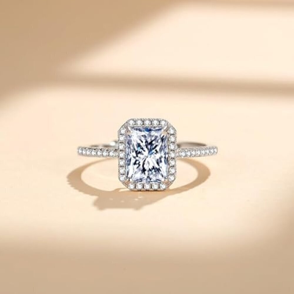 2 Ct Moissanite Women's Ring S925 Sterling Silver Pave Square Diamond - Picture 1 of 5